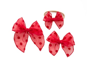 Red Velvet Dot Party Bow / Christmas Bow / Baby Bow / Baby Headband / Toddler Bow / Toddler Hair Clip / Little Girl Bow
