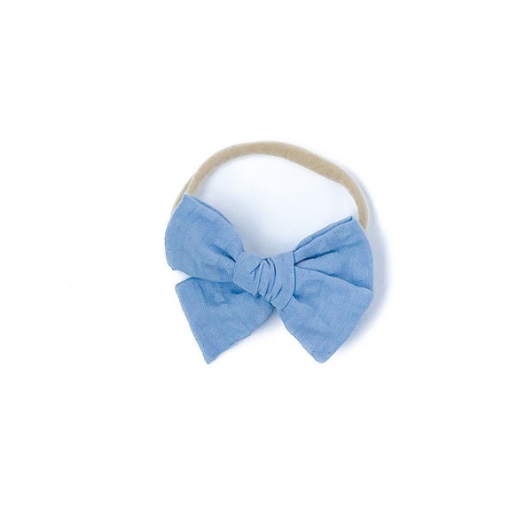 Denim Blue Seersucker Pinwheel Bow / Baby Bow / Baby Headband / Toddler Bow / Toddler Hair Clip / Little Girl Bow