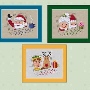 Santa and Friends on Zoom Christmas Card 3-pack - cross stitch patterns