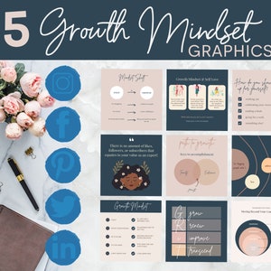 Puede incluir: Un collage de 15 gráficos de redes sociales con un tema de mentalidad de crecimiento. Los gráficos presentan ilustraciones, texto y citas motivacionales. Los gráficos están dispuestos en una cuadrícula sobre un fondo rosa claro.