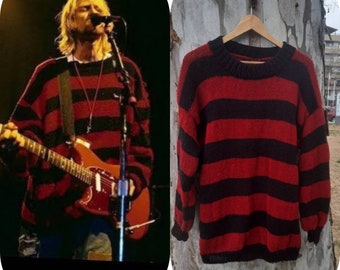 Kurt Cobain sweater, grunge Red and Black striped jumper, Nirvana pullover. Gothic, Rock, Authentic,  90's oldies