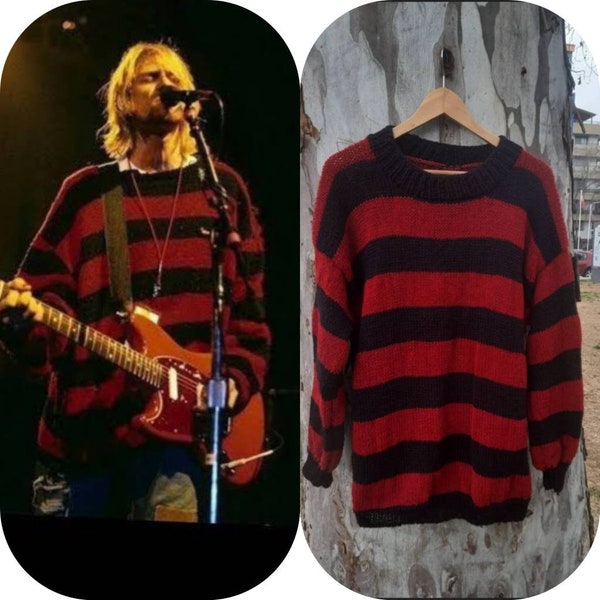 Maglione Kurt Cobain, maglione a righe rosse e nere grunge, pullover Nirvana. Gotico, rock, autentico, vecchi anni '90