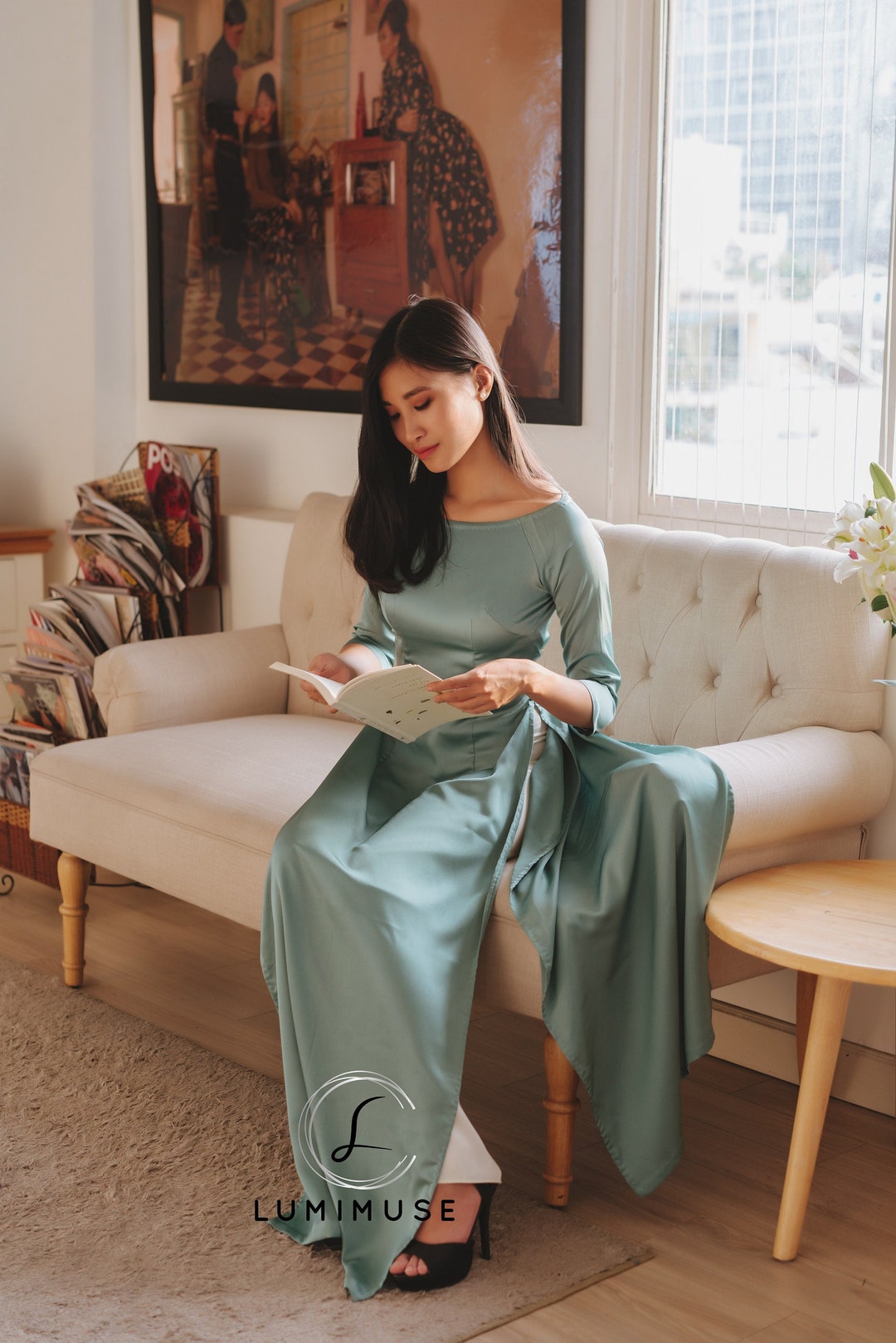Teal Ao Dai with Cracked Detailing main image 0