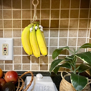 May include: A bunch of bananas hanging from a macrame holder with white beads, on a tiled kitchen wall. A potted plant with green leaves is on the counter below.