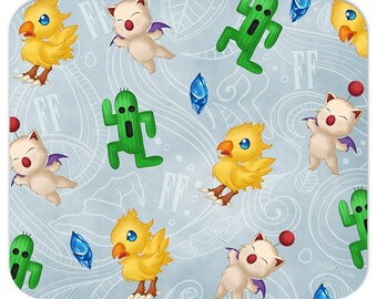 May include: A rectangular mousepad featuring a repeating pattern of cartoon characters. The design includes yellow chicks, white cat-like creatures with purple wings, green cactus figures, and blue crystals on a light blue background. The letters "FF" are also visible.
