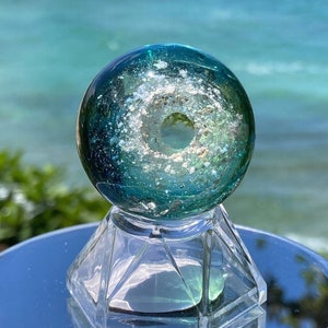 Memorial Sun Catcher, Cremation Ash In Glass (Green/Cobalt Blue #3) Acrylic Stand or Metal Bail To Hang, Ash in Pendants, Pet Memorial Glass