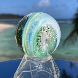 Memorial Sun Catcher, Cremation Ash In Glass (Color: Milky Way/Emerald) Acrylic Stand or Metal Bail to Hang, Ash Pendants. Pet Memorial Orb.