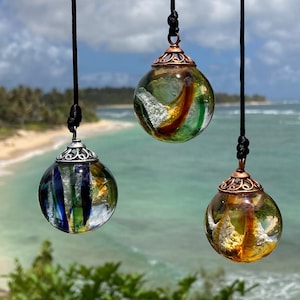 Cremated ashes in glass Sun Catcher (Peacock/Earth Tones/Gold). Lifetime ashes to ashes glass keepsake. Cremains in pendants w/without opals