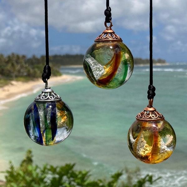 Cremated ashes in glass Sun Catcher (Peacock/Earth Tones/Gold). Lifetime ashes to ashes glass keepsake. Cremains in pendants w/without opals