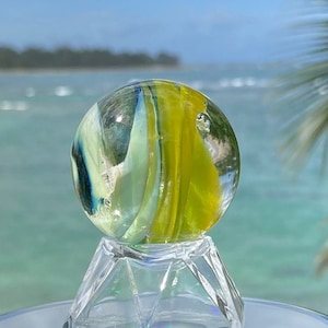 Memorial Sun Catcher, Cremation Ash In Glass, (Color: Mint/Cobalt Blue #2/Yellow) Acrylic Stand or Metal Bail To Hang Pet Memorial Glass Orb