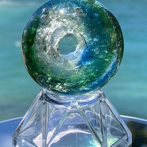 Memorial Sun Catcher, Cremation Ash In Glass, (Color: Green & #3 Cobalt Blue) Acrylic Stand or Metal Bail to Hang, Ash Pendants Pet Memorial