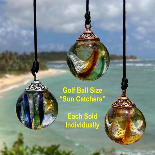 Cremated ashes in glass Sun Catcher (Peacock/Earth Tones/Gold). Lifetime ashes to ashes glass keepsake. Cremains in pendants w/without opals