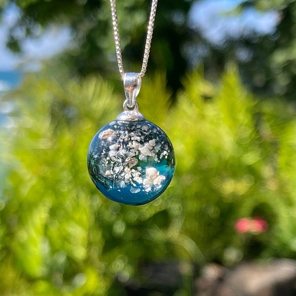 Cremated Ash In Glass Pendant, Color/Teal, .925 Sterling Bail. Add a 16"/18" Sterling Chain or A Gilson Opal. A lifetime glass keepsake