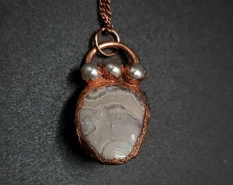 Copper Replacement Agate Pendant with Pearls - Copper Electroformed Necklace