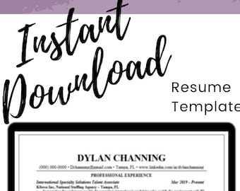 Puede incluir: Una computadora portátil muestra una plantilla de currículum vitae con el texto "Descarga instantánea" y "Plantilla de currículum vitae". El currículum incluye el nombre "Dylan Channing" y detalles de experiencia profesional. También se ve la frase "Consejos fáciles de editar incluidos".