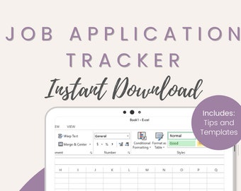 Puede incluir: Una plantilla digital de seguimiento de solicitudes de empleo, que se muestra en la pantalla de una tableta. El texto "JOB APPLICATION TRACKER Instant Download" está en la parte superior. Un círculo púrpura incluye el texto "Includes: Tips and Templates". La hoja de cálculo de Excel es visible.