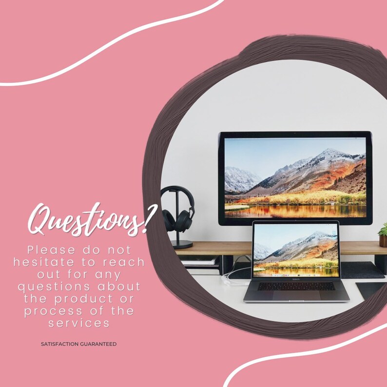 Puede incluir: Una moderna configuraci&oacute;n de espacio de trabajo con un port&aacute;til y un monitor grande que muestra un paisaje. La imagen incluye el texto "Questions?" y una llamada a contactar para consultas sobre productos o servicios. El fondo es rosa suave con un c&iacute;rculo marr&oacute;n decorativo.