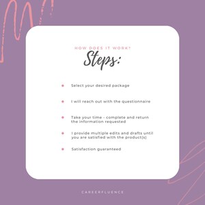 Puede incluir: Gr&aacute;fico p&uacute;rpura con un rect&aacute;ngulo blanco redondeado que contiene texto. El encabezado dice "HOW DOES IT WORK? Steps:". Los pasos son: seleccionar paquete, cuestionario, completar informaci&oacute;n, ediciones y satisfacci&oacute;n. El logotipo de Careerfluence est&aacute; en la parte inferior.