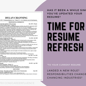 May include: A resume template with the name "Dylan Channing" and professional experience details. The text "Time for a Resume Refresh" is displayed in large, bold letters. The Etsy shop URL is visible at the bottom.