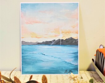 Pintura acrílica rosa al amanecer, nubes doradas, obras de arte oceánicas, impresión artística de 8x10 y 11x14