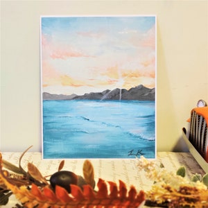 Acrylic Pink Sunrise Painting, Golden Clouds, Ocean Artwork, 8x10 and 11x14 Art Print
