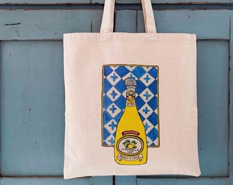 Arte con botella de Limoncello, bolso de lona italiano, recuerdo de Positano