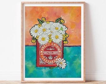 Puede incluir: Una pintura de un ramo de margaritas blancas en una lata roja con el texto "Amaretti Originali" y "Amarettini di Saronno" en ella. El fondo es un degradado de naranja, azul y verde.