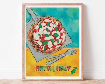 Naples Italy Art Print, Margherita Pizza Painting, Italian Kitchen Decor