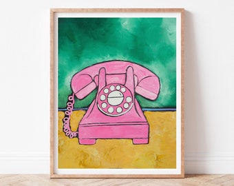 Vintage Pink Telephone Art Print, Retro Rotary Phone Painting