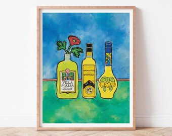 Impresión de limoncello, pintura de amapolas, arte de cocina de la costa de Amalfi