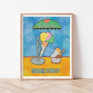 Sicily wall art, Gelato art, Italy gifts, Italy travel poster, Italy food art, Ice cream print, Italian kitchen print, Kitchen wall art