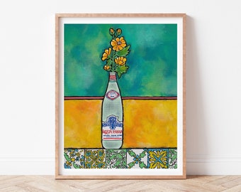 May include: A painting of a clear glass bottle with a yellow flower bouquet inside. The bottle is labeled "Acqua Panna" and is sitting on a yellow and green tiled surface.