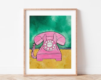 Vintage Telephone Wall Art Painting | Retro Electronics Art Print | Colorful Bedroom Decor