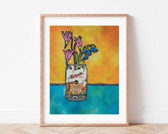 Montana beer art, Montana gift, Missoula art, Montana wildflower print, beer lover gift for her, Brewery art, beer can art, harebell art