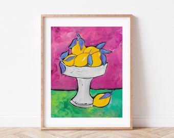 Italian Lemon Print, Lemon decor for kitchen, Lemon bowl, Lemon gifts for her, Pink kitchen decor, Italian kitchen art, Citrus art print