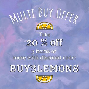 May include: A purple and blue watercolour background with white text that reads "MULTI BUY OFFER Take 20% off 3 items or more with discount code: BUY3LEMONS". There are two yellow lemon illustrations.