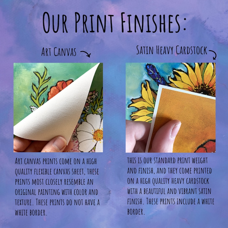 Puede incluir: Dos im&aacute;genes de primer plano que muestran los diferentes acabados de impresi&oacute;n disponibles para las impresiones de arte. La primera imagen muestra una impresi&oacute;n floral en una hoja de lienzo de alta calidad. La segunda imagen muestra una impresi&oacute;n floral en un cart&oacute;n pesado de alta calidad con un acabado satinado.