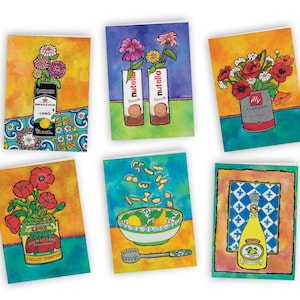 May include: Six illustrated cards with a watercolor style. The cards feature various food and drink items, including a can of tomatoes, a bowl of pasta, a bottle of limoncello, a can of coffee, a jar of Nutella, and a can of tomatoes. The cards are all on a white background.