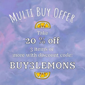 Puede incluir: Un fondo de acuarela morado y azul con un texto blanco superpuesto que dice "MULTI BUY OFFER Take 20% off 3 items or more with discount code: BUY3LEMONS". Hay dos ilustraciones de limones amarillos.