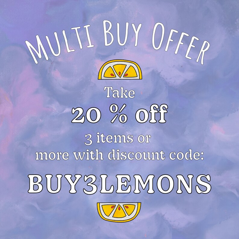 Puede incluir: Un fondo de acuarela morado y azul con un texto blanco superpuesto que dice "MULTI BUY OFFER Take 20% off 3 items or more with discount code: BUY3LEMONS". Hay dos ilustraciones de limones amarillos.