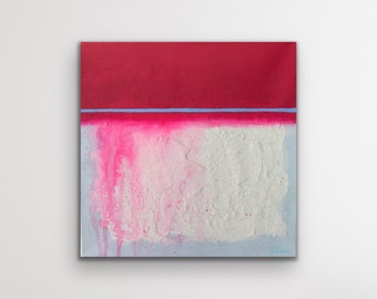 Small 12”x12” original textured mixed media acrylic painting on gallery wrapped stretched canvas — pink, blue, grey