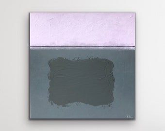 Medium 20”x20” modern textured mixed media acrylic abstract painting on gallery wrapped stretched canvas — lilac purple, grey, dark blue
