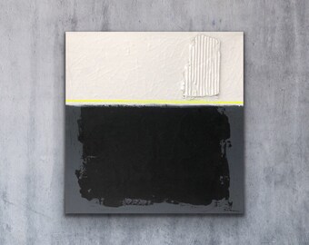 Medium 16”x16” modern minimalist mixed media abstract painting on gallery wrapped stretched canvas — black, white, grey, fluorescent yellow