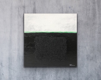Small 12”x12” modern minimalist textured mixed media acrylic abstract painting on gallery stretched canvas — white, black, fluorescent green