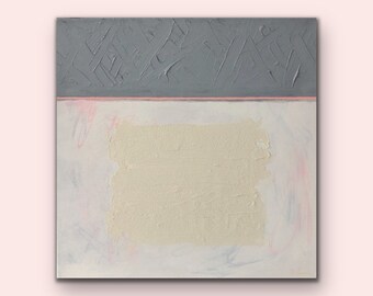 Medium 16”x16” original textured mixed media acrylic abstract painting on gallery wrapped stretched canvas — beige, grey, pink, blue