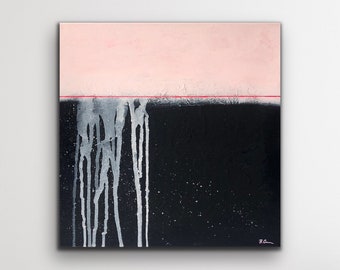 Medium 16”x16” mixed media abstract painting on stretched canvas — light pink, fluorescent pink, navy blue