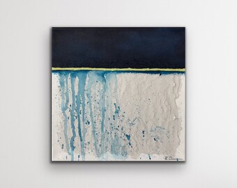 Small 10”x10” acrylic abstract painting on gallery wrapped stretched canvas — blue, green, grey