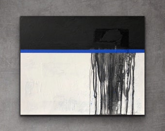 Large 24”x30” original modern minimalist mixed media abstract painting on gallery wrapped stretched canvas — white, black, cobalt blue
