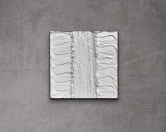 Small acrylic abstract painting, 6”x6”, light grey, white, glossy, minimalist, modern