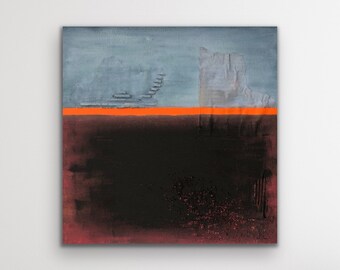 Medium 18”x18” original modern textured mixed media abstract painting on stretched canvas unframed — blue, orange, red, black, matte finish